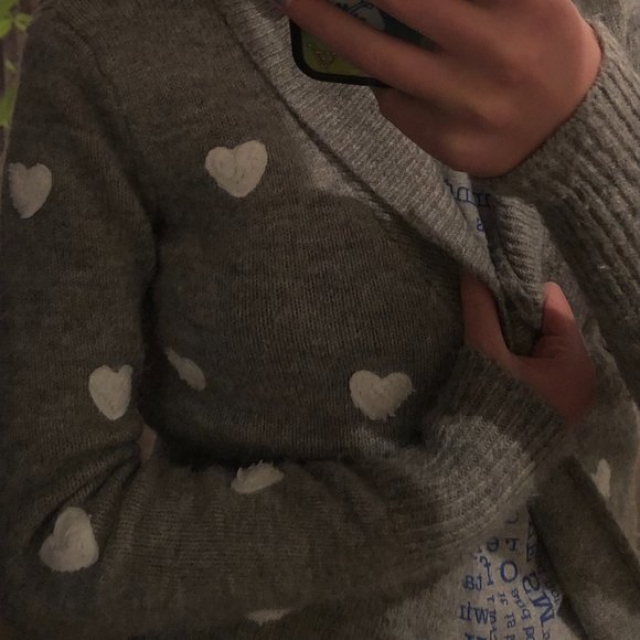 Fuzzy grey/heart polka dotted cardigan sweater! - Picture 3 of 3